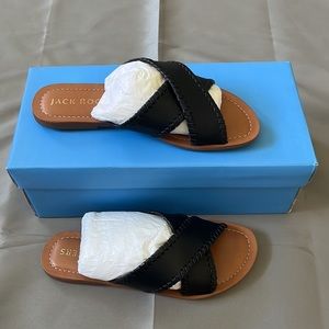 New Jack Rogers Women’s Leather Slotted X-Band Slide Sandals in black size 5.5